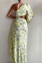 Champagne One Sleeve Summer Flowers Dress
