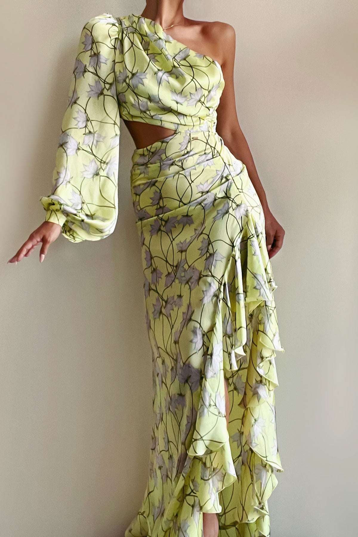 Champagne One Sleeve Summer Flowers Dress