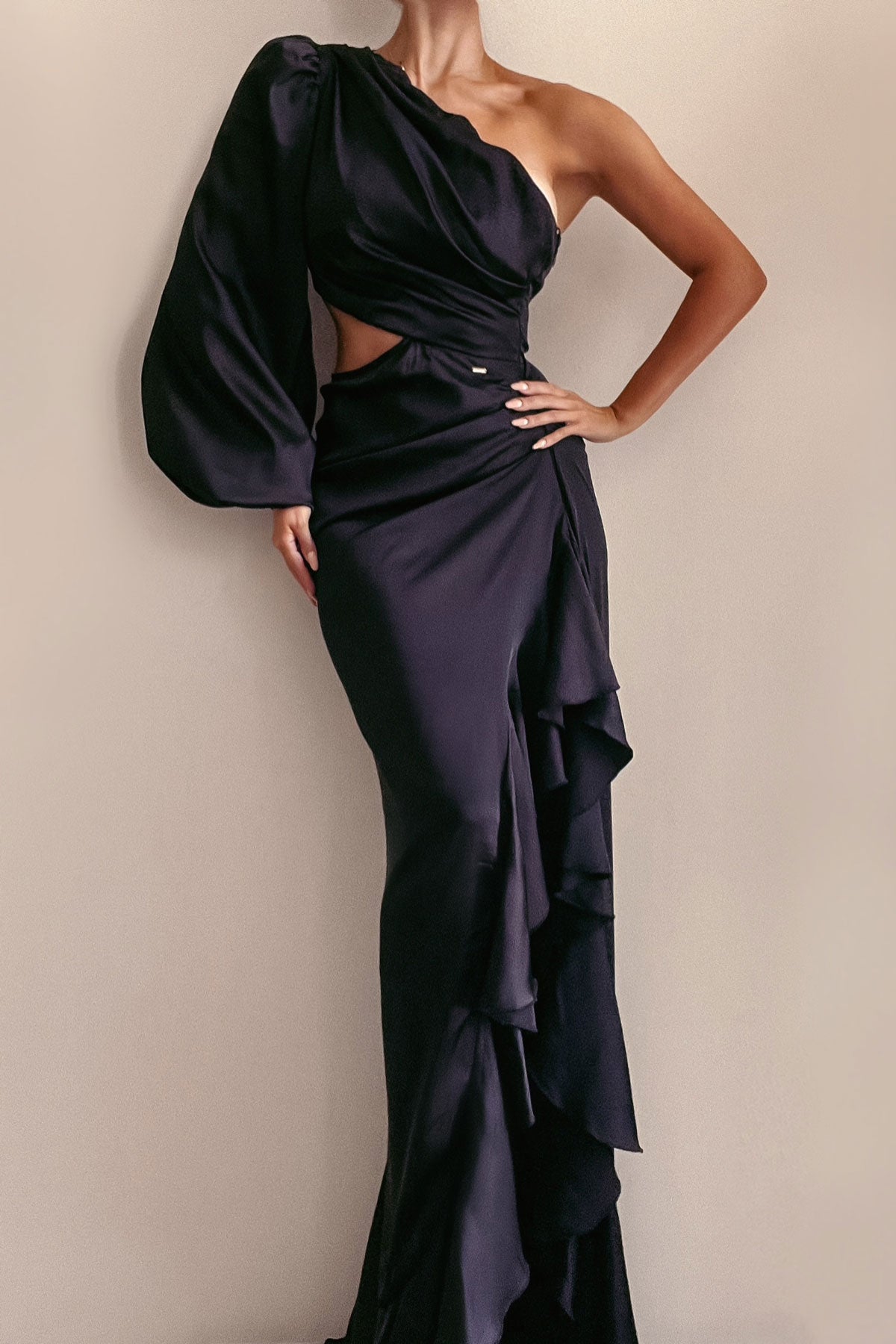 Anitas Champagne One Sleeve Black Silk Dress