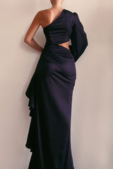 Champagne One Sleeve Black Silk Dress