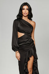 Champagne One Sleeve Black Silk Dress